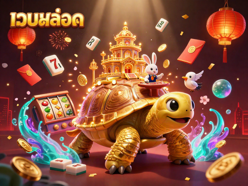 Experience thrilling เว็บสล็อต action with a golden tortoise casino and a rabbit dealer amidst glowing game elements.
