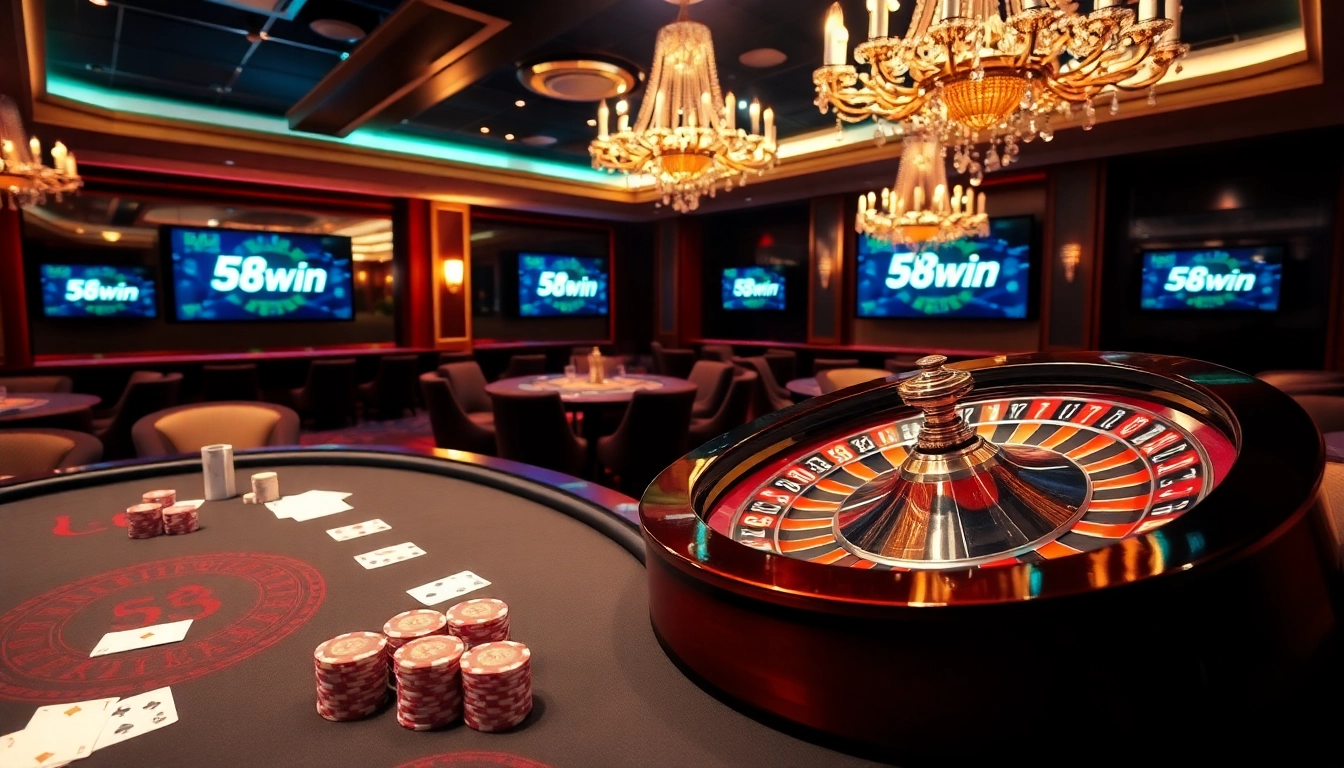 Experience the excitement of 58win with vibrant casino tables, poker chips, and roulette wheels.