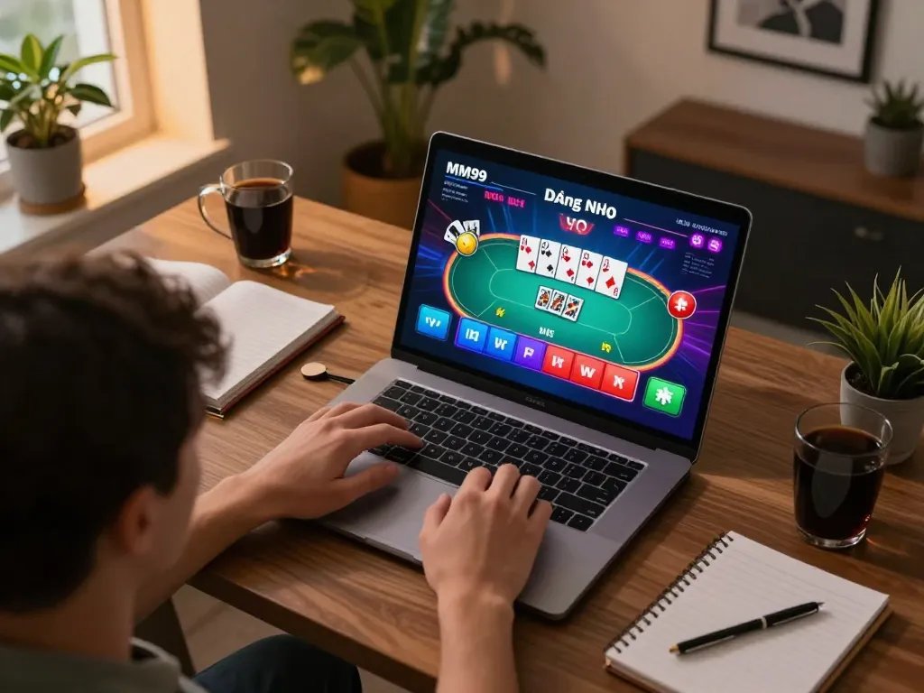 Engage in MM99 Đăng Nhập with an online poker setup featuring strategic notes and vibrant game display.