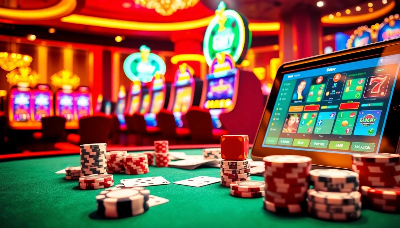 8day casino excitement captured at a vibrant gambling table full of cards and chips.