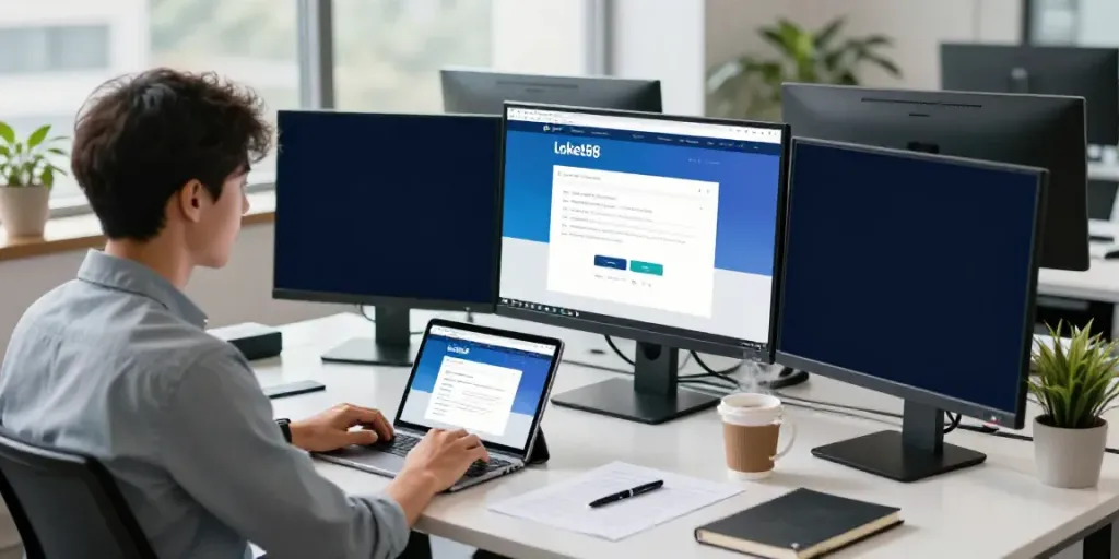 Dynamic digital workspace featuring loket88 login interface on multiple monitors.