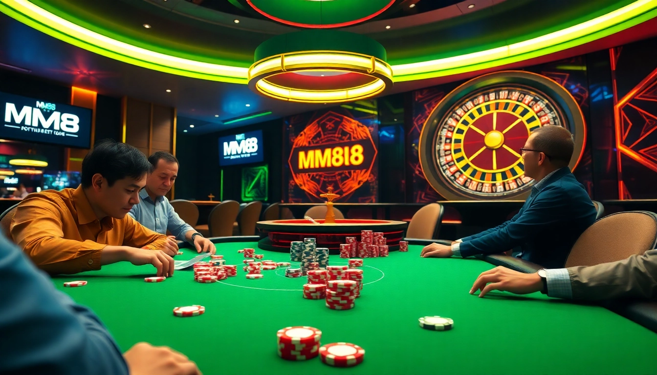 Engaged players at a luxurious MM88 poker table, capturing the excitement of online gambling.