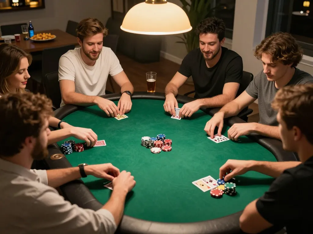 Teman-teman menikmati permainan poker yang intens selama malam di rumah, menampilkan strategi taruhan tante77.