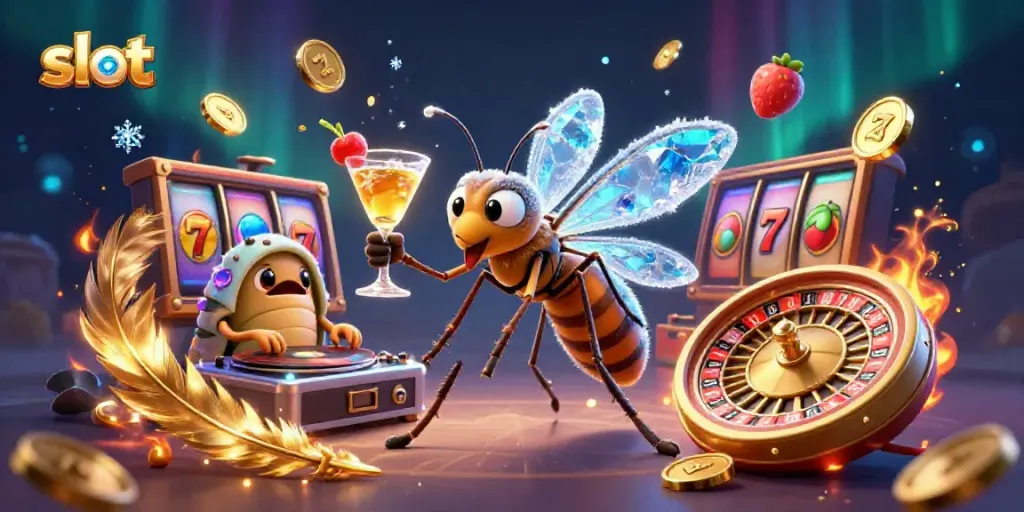 Engage in thrilling slot gaming with a vibrant casino scene featuring unique characters and dynamic elements.