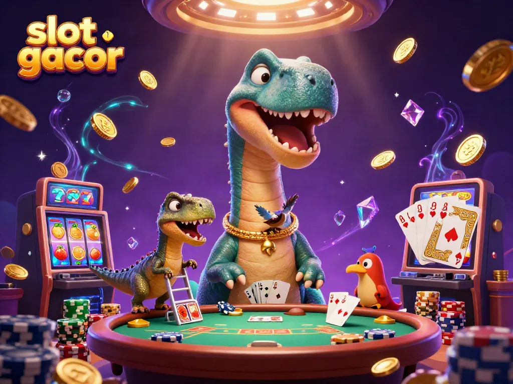 Permainan slot gacor ditampilkan dengan dinosaur besar di kasino dan koin emas melimpah.