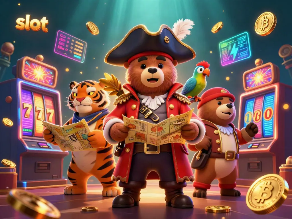 Engage with slot machines in a vibrant scene featuring pirate bear captain and tiger first mate.