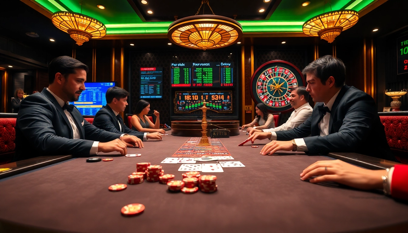 A thrilling poker game at a luxury casino, showcasing high stakes and excitement at http://8kbet.ink/.