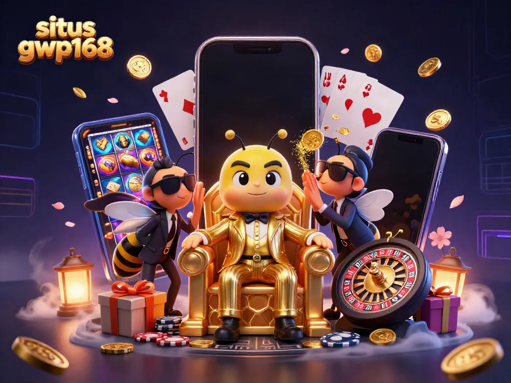 Menghadirkan pengalaman menang di situs gwp168 dengan mesin slot dan elemen kasino interaktif dalam ilustrasi 3D.
