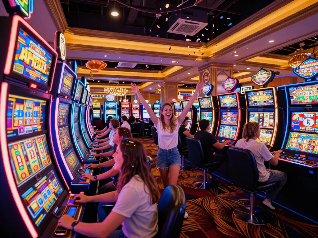 situs slot gaming at a colorful casino, players celebrating vivid wins amidst bright neon lights