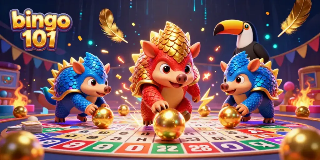 Experience the excitement of bingo 101 as rival pangolins compete in a vibrant bingo hall.