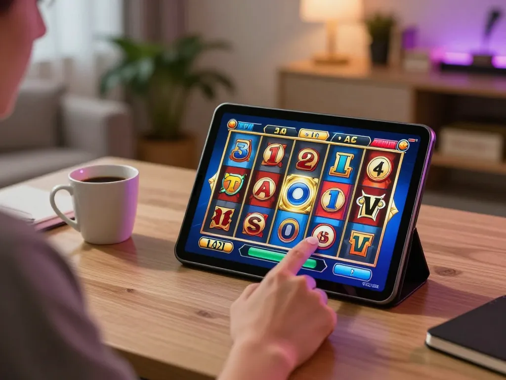 Engaging gameplay in slot online with a vibrant home setup featuring colorful reels on tablet screen