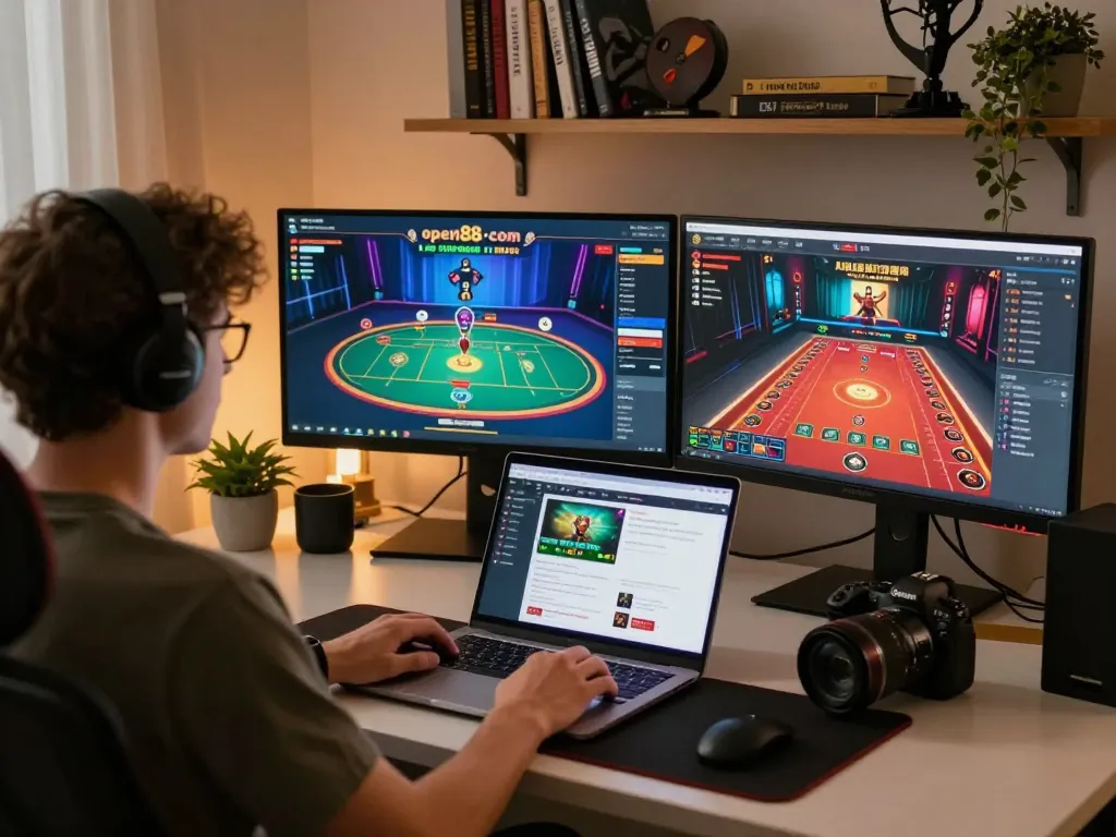 Engage with online gambling at open88 com via a stylish gaming setup featuring multiple screens.