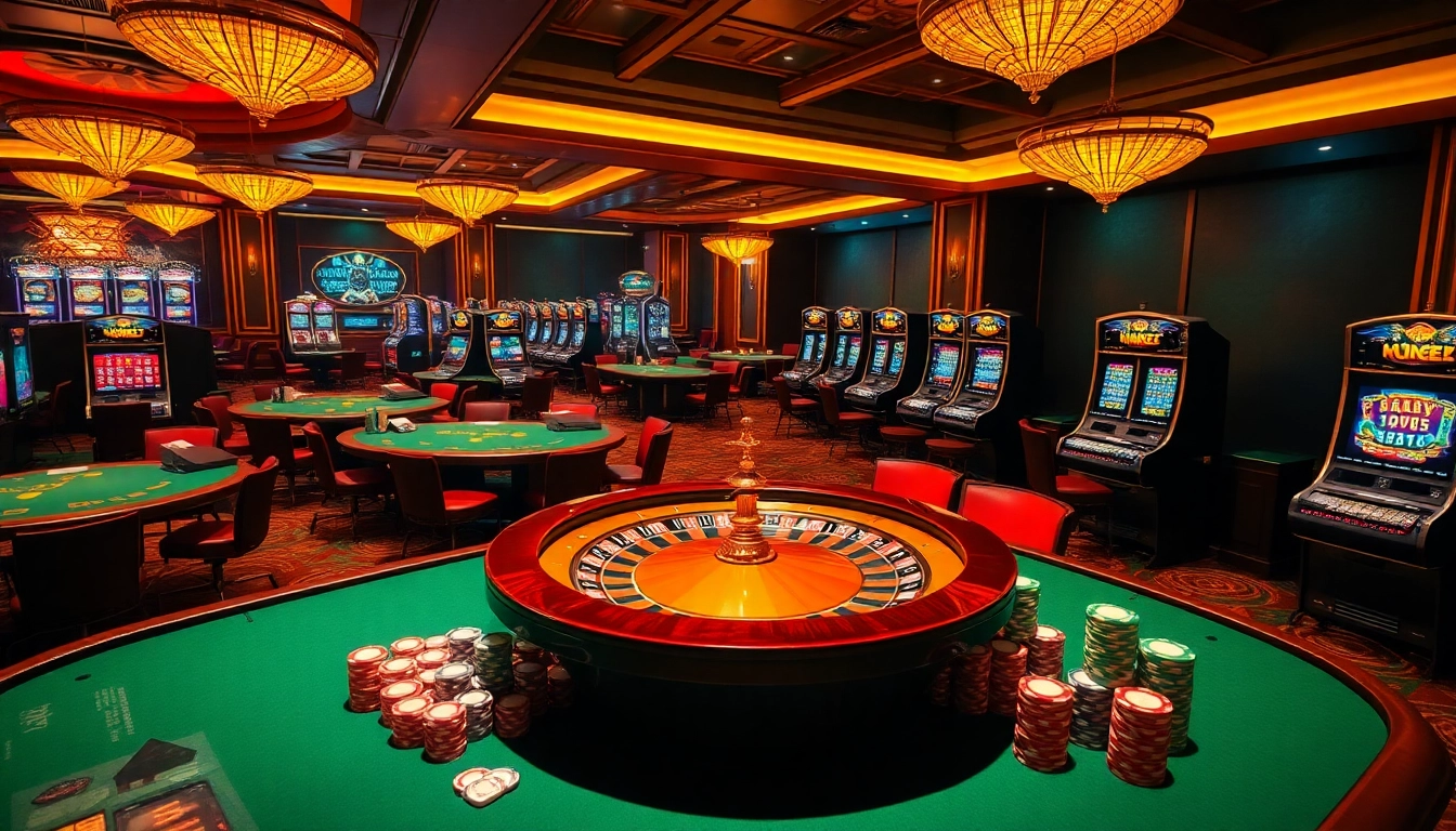Exciting gambling environment at 388bet featuring roulette, poker chips, and slot machines.