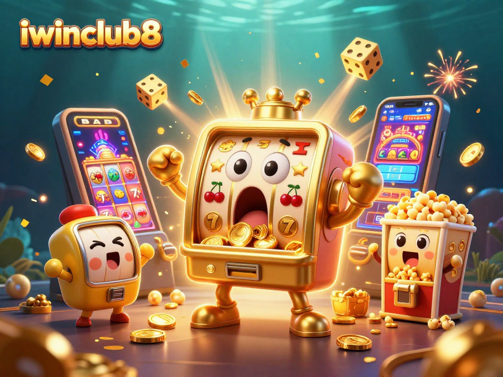 Experience the thrilling wins at iwinclub8 with a playful golden slot machine and cheering companions.