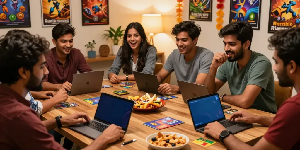 Friends playing Rumble Rummy app with colorful phones in a cozy atmosphere.