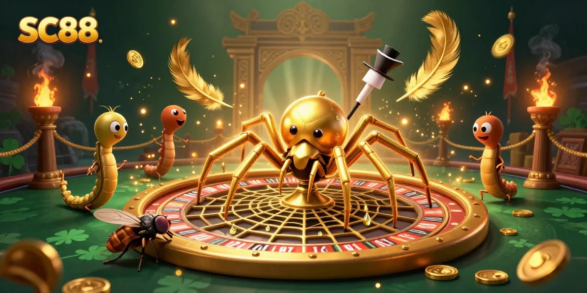 Experience SC88 with a thrilling scene of a golden spider and fly placing bets in a vibrant casino atmosphere.