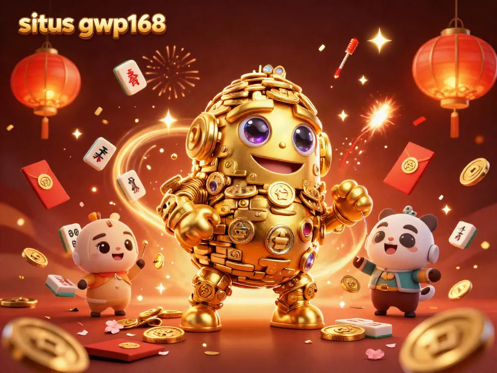 Menggandeng situs gwp168, tampilkan golem emas yang dinamis dikelilingi elemen kasino yang kaya.