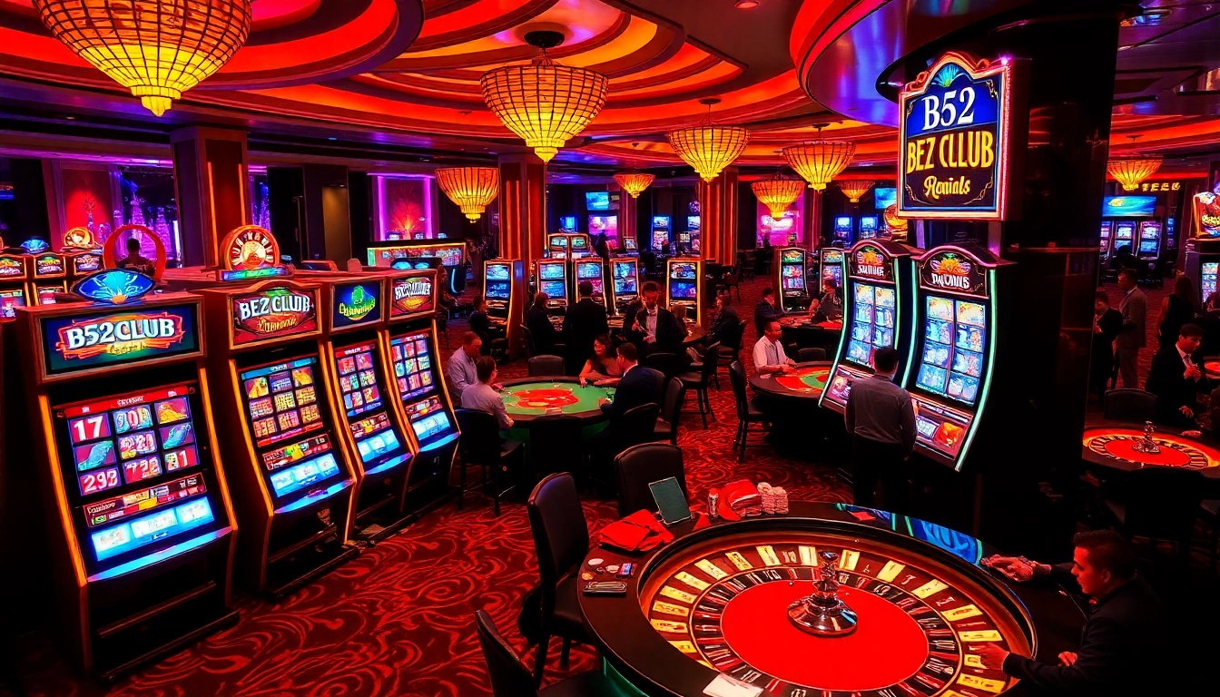 Players enjoying games at B52club-themed casino, showcasing excitement and luxury.
