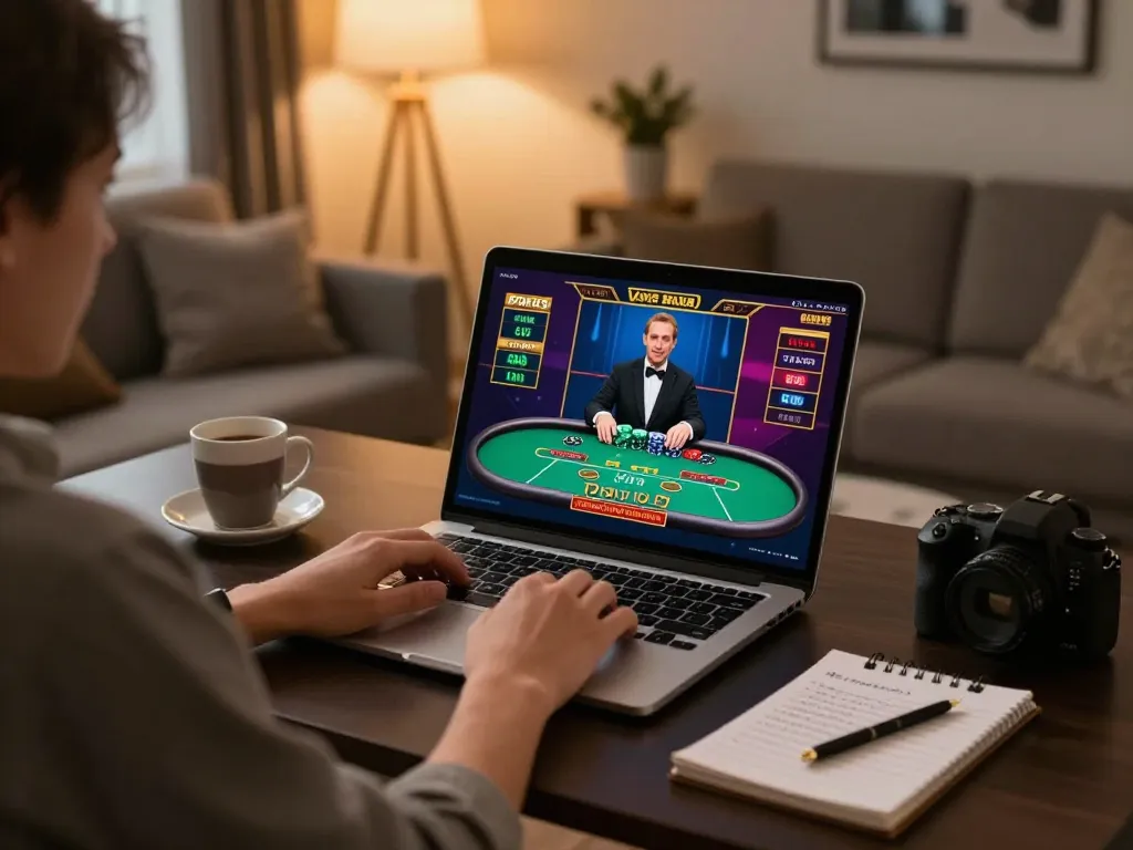 Go8 player enjoying online poker at home, strategic notes visible for better betting decisions.