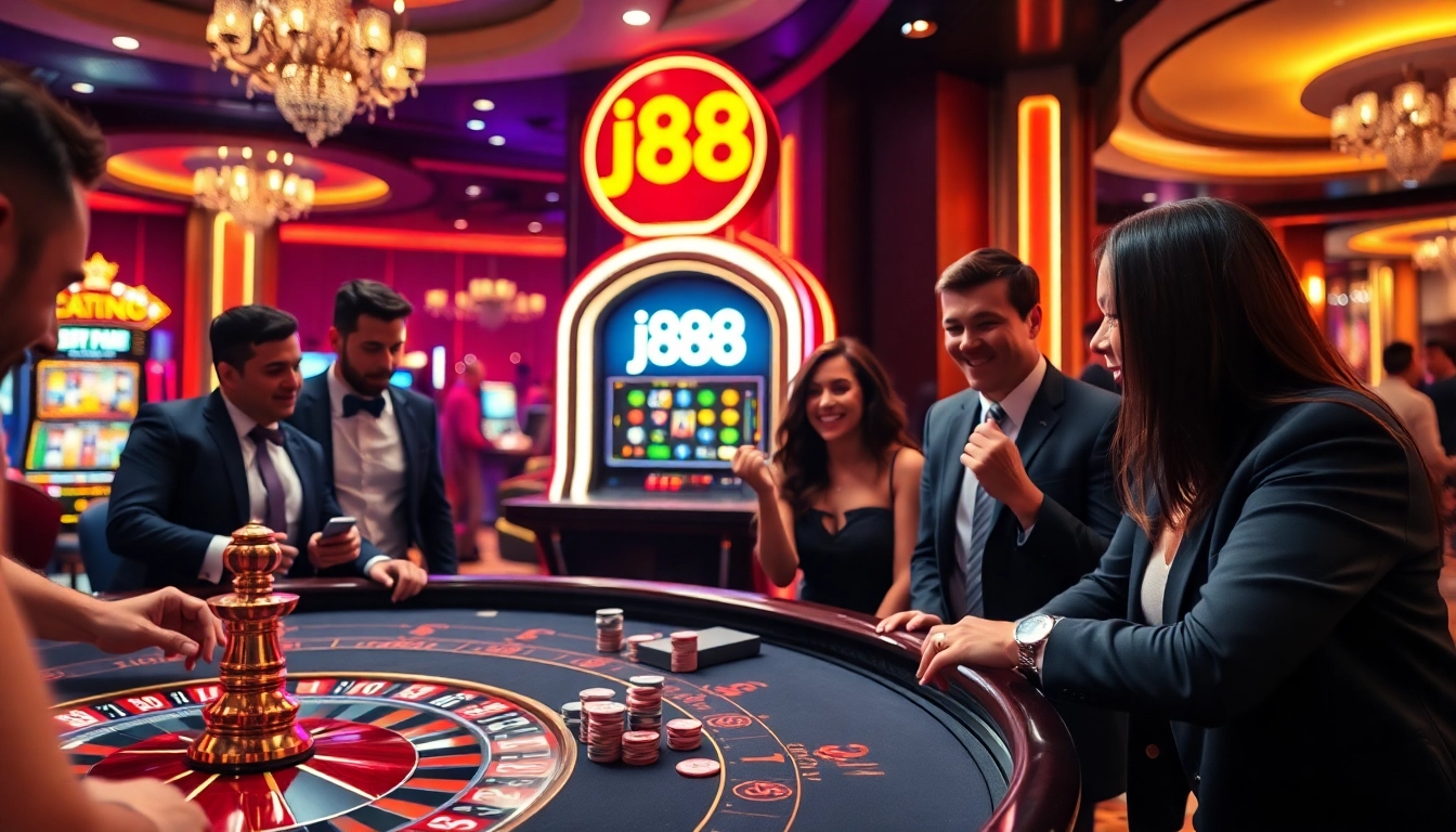 Experience the thrill of j88 with vibrant casino tables filled with poker chips and cards.