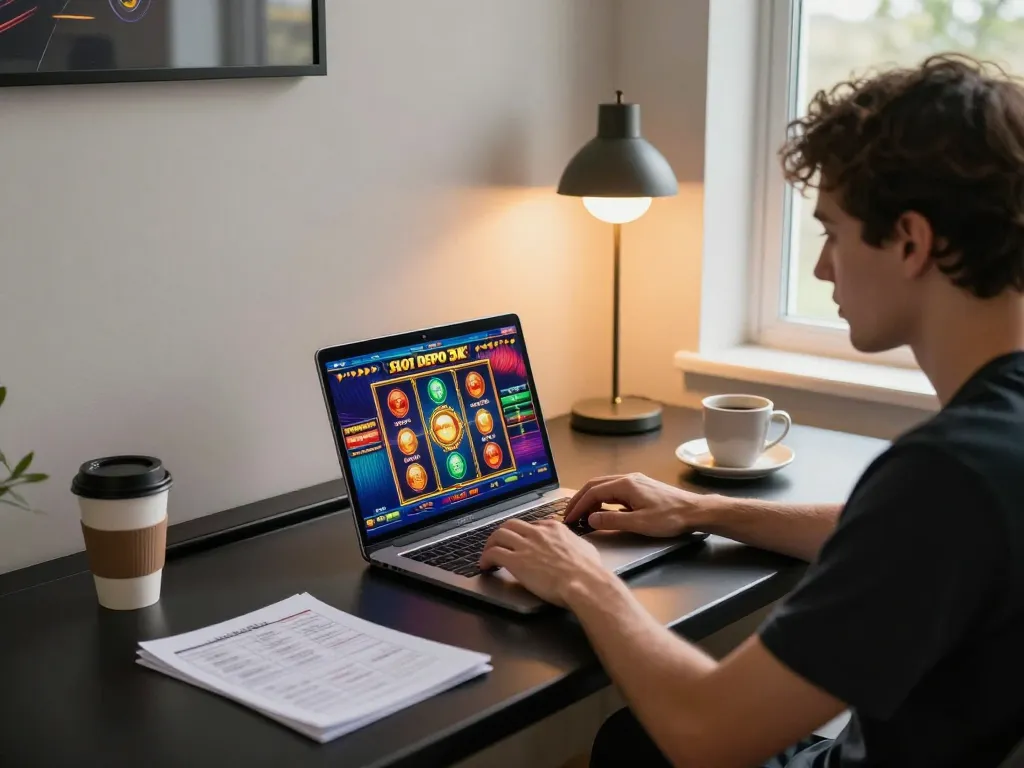 Engaging user playing online slot depo 5k game on a laptop, showcasing vibrant gaming interface.
