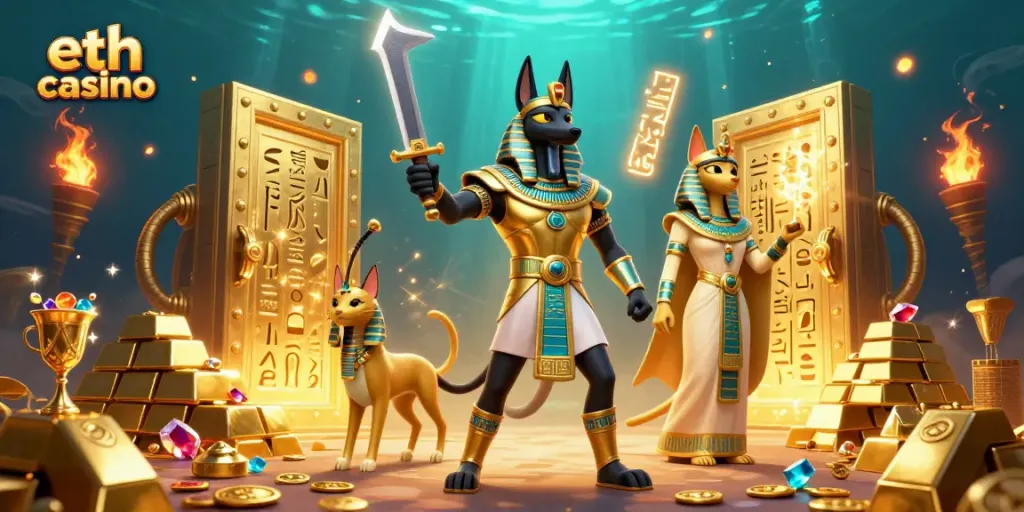 Experience the thrill of eth casino with Anubis and treasures in this vibrant 3D illustration.