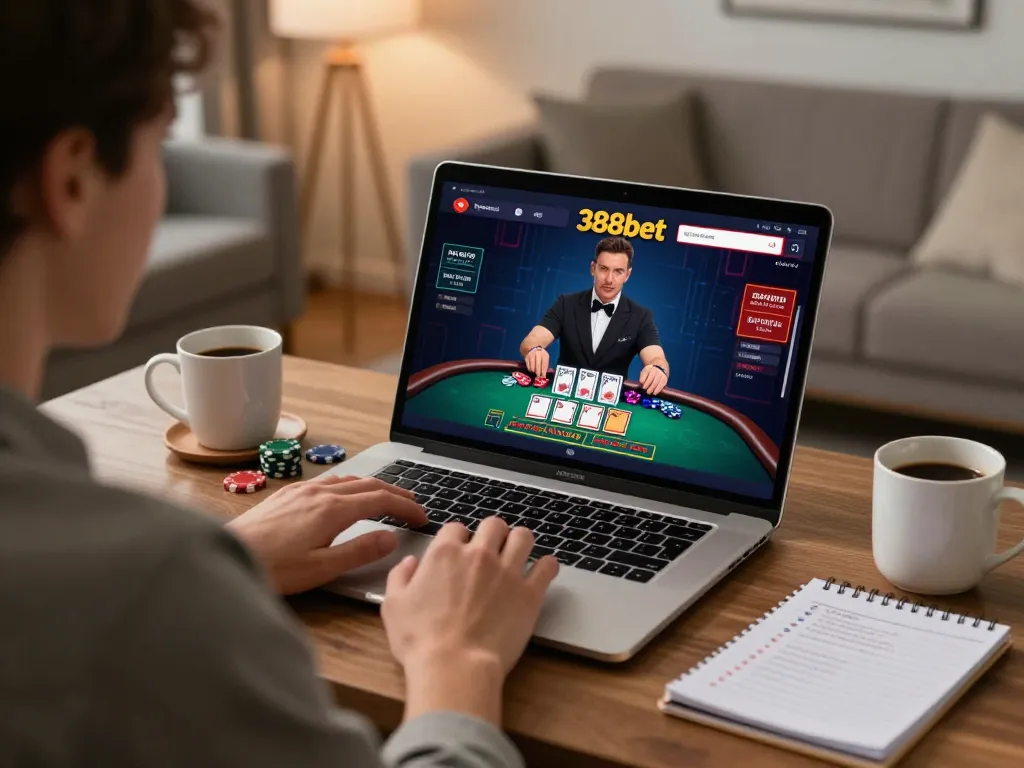 Person playing live dealer blackjack on 388bet in modern home setting with strategic notes.