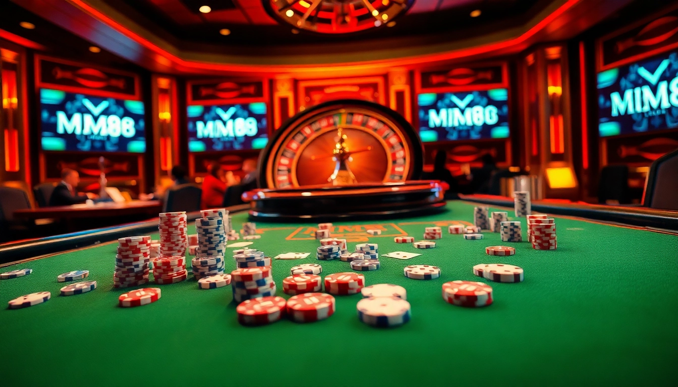 Gamblers enjoying a luxurious gaming experience at MM88 casino, featuring poker chips and a roulette wheel.