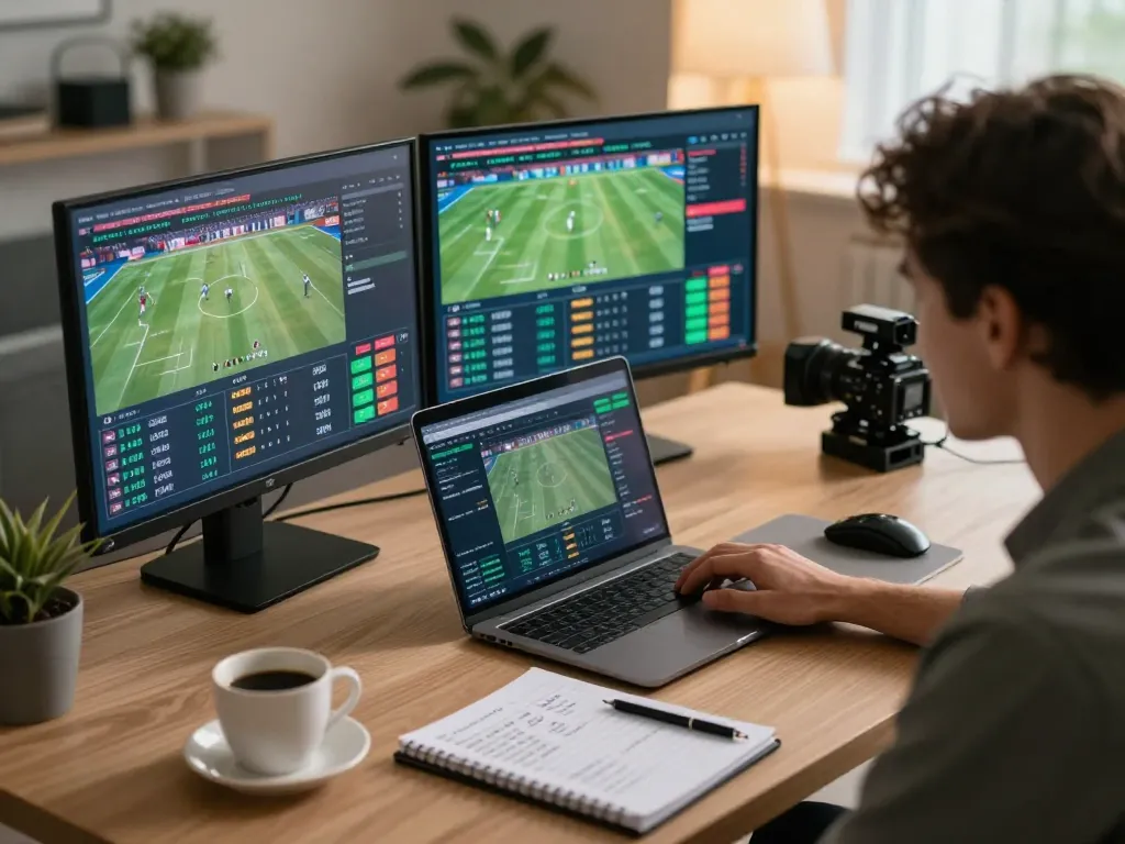 Engaging in strategic online betting on NET88 from a modern setup with multiple screens.