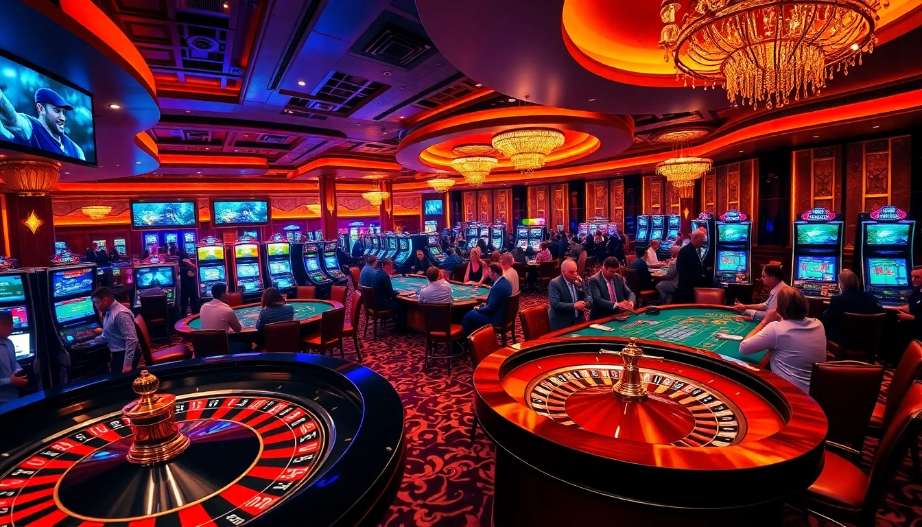 Excited players at xx88 casino engaging with poker tables and slot machines in a vibrant atmosphere.
