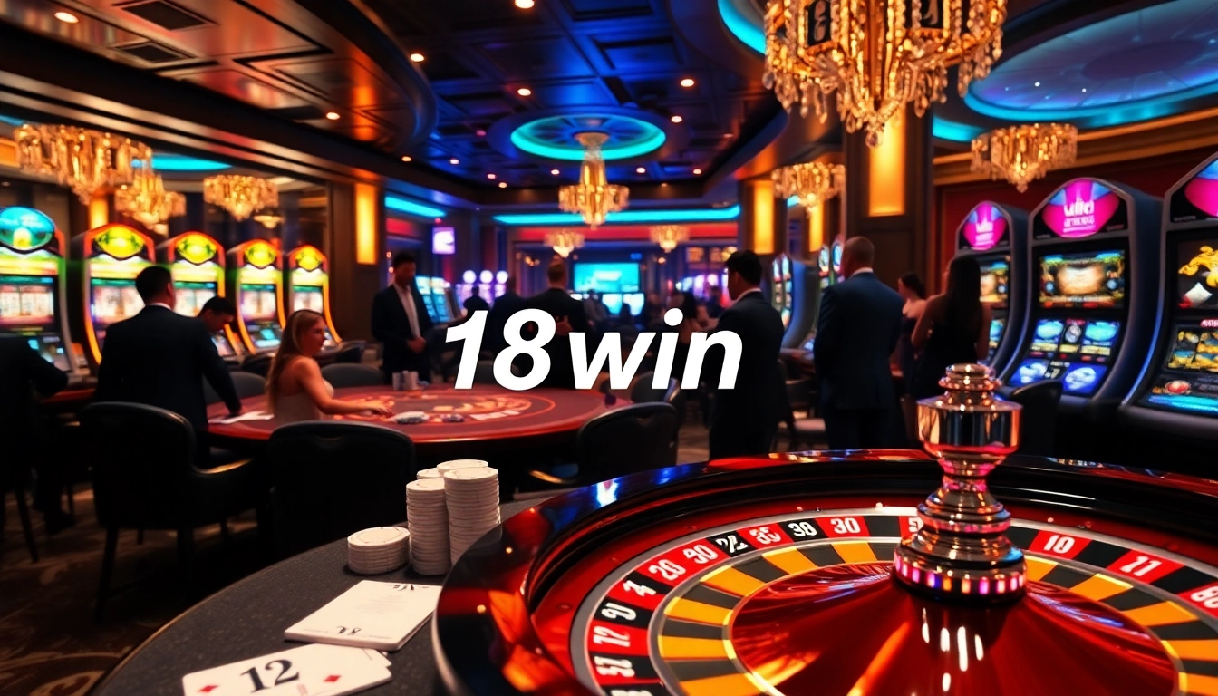 Experience excitement at 18win with vibrant casino visuals showcasing poker, roulette, and slot machines.