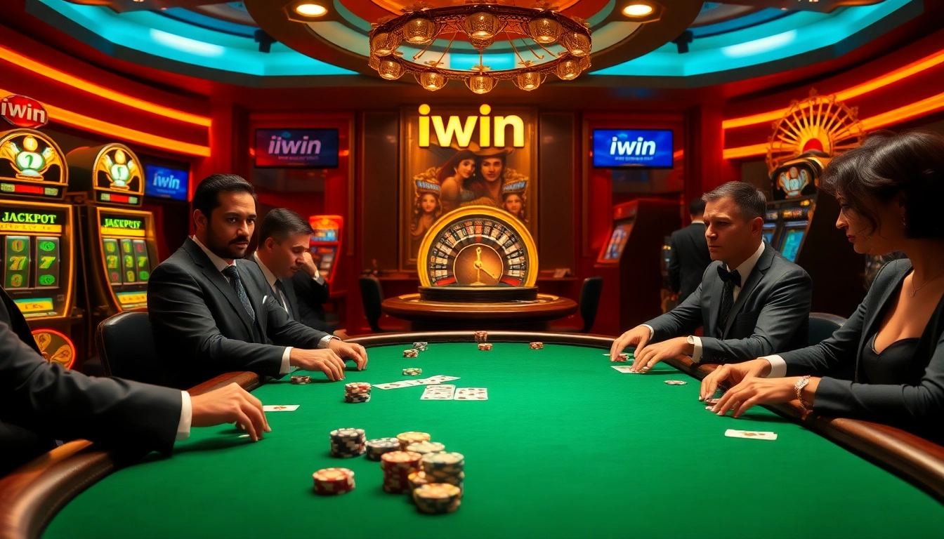 Players enjoy a game at the iwin poker table, emphasizing excitement and luxury in the casino.