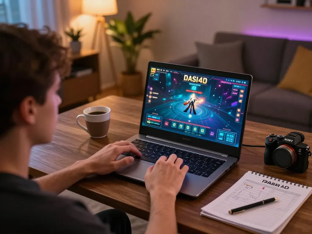 Pemain menikmati sesi permainan slot online DASI4D di laptop dalam suasana rumah yang nyaman