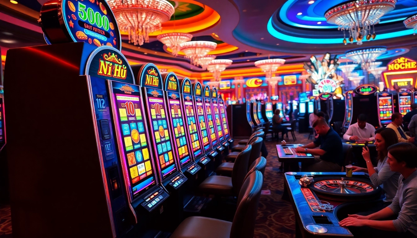 Spin the Nổ Hũ slot machines with excitement on a vibrant casino floor.