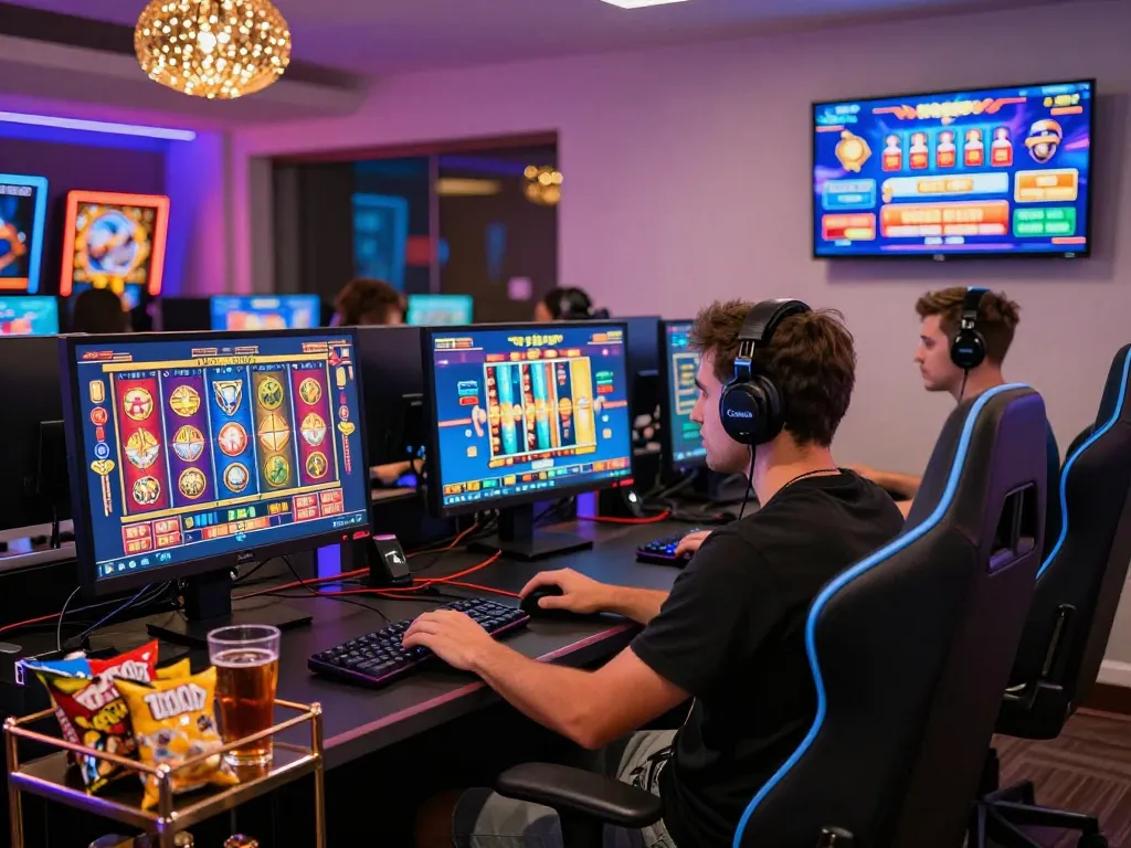 Pemain yang terlibat menikmati permainan slot online dengan visual yang cerah dan pengaturan modern.