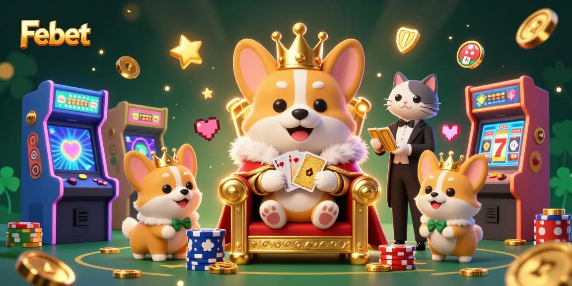 Engage with Febet's thrilling slot experience featuring a royal corgi and vibrant casino elements.