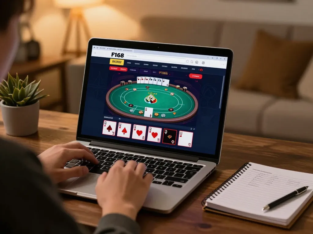 Engaged player strategizing with F168 online casino on laptop while studying gaming tactics.