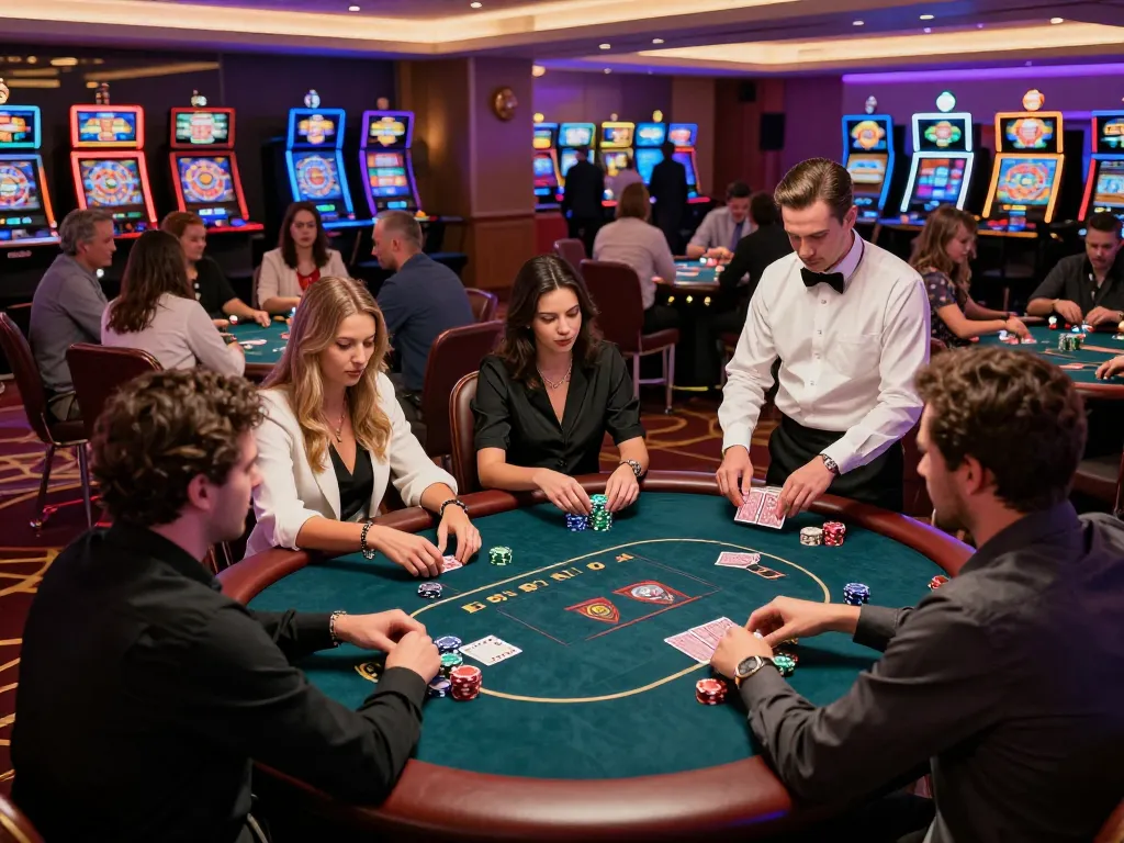 Players enjoying strategic gameplay at a vibrant casino, with poker tables and chips prominently featured, focusing on 5679 gaming experiences.