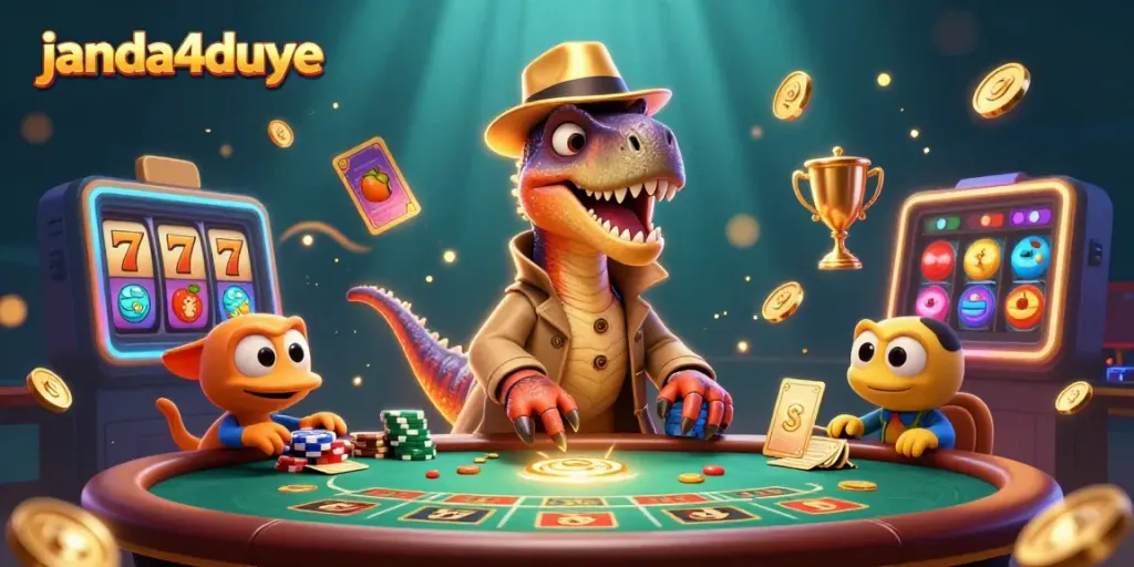 Janda4duye menampilkan velociraptor kartun yang menghitung kartu di meja blackjack, dikelilingi simbol slot dan koin emas.