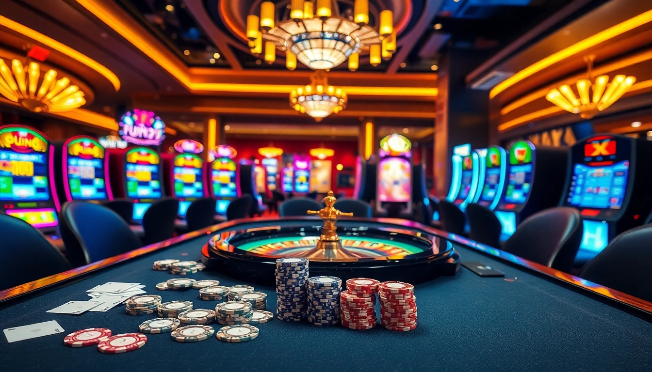 Experience the thrill of gambling at FUN79 with colorful casino tables and vibrant slot machines.