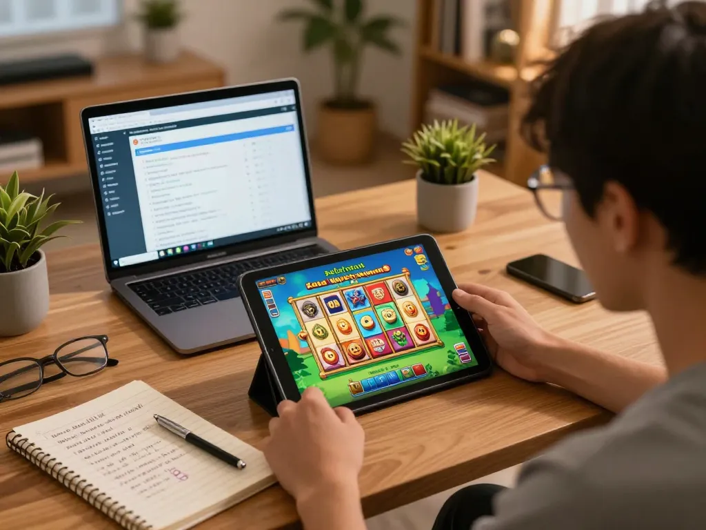 Player enjoying Tempo 123 Mahjong Ways slot game on a tablet with strategic notes.