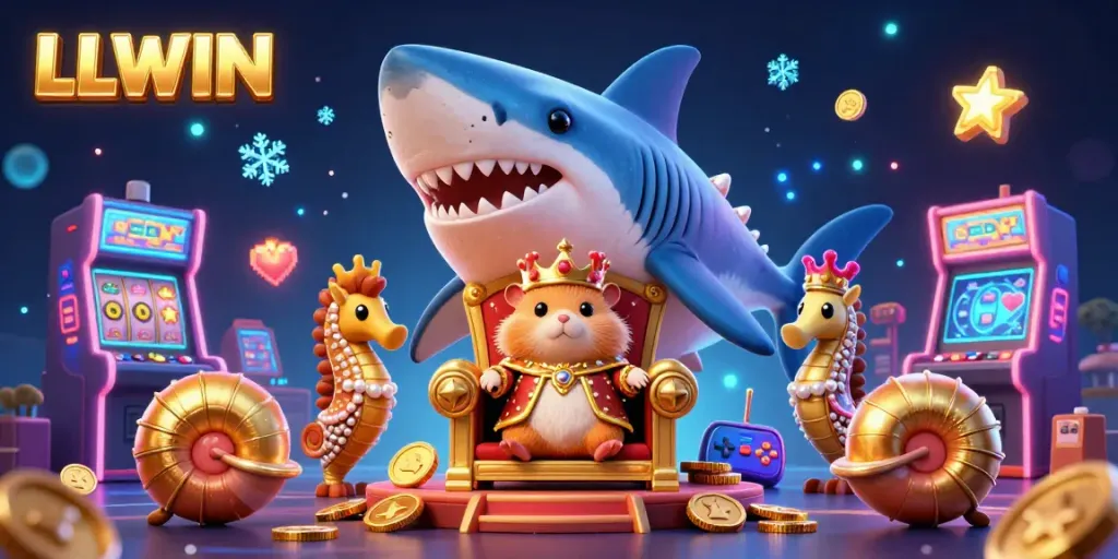 Experience the thrill of LLWIN with a vibrant casino scene featuring a golden hamster king and festive gaming elements.