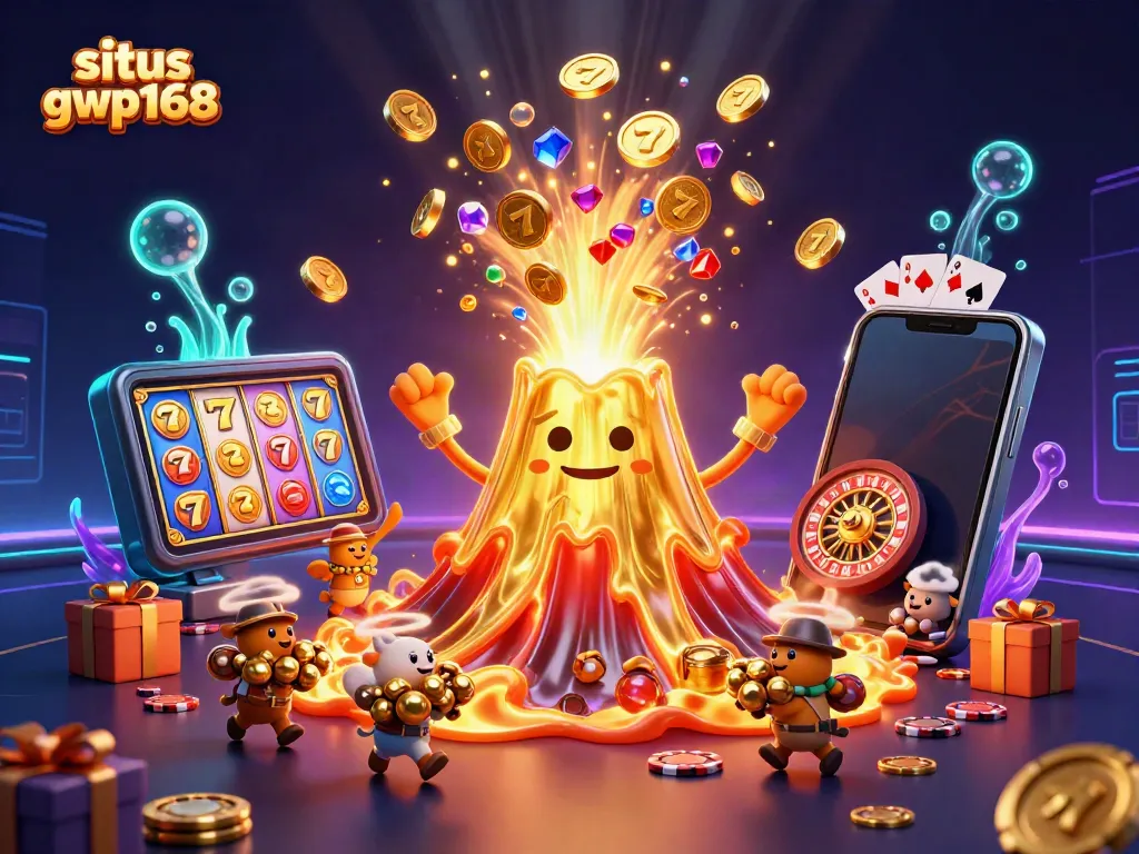 Permainan slot seru di situs gwp168 dengan gunung emas dan penjelajah mencari harta karun.
