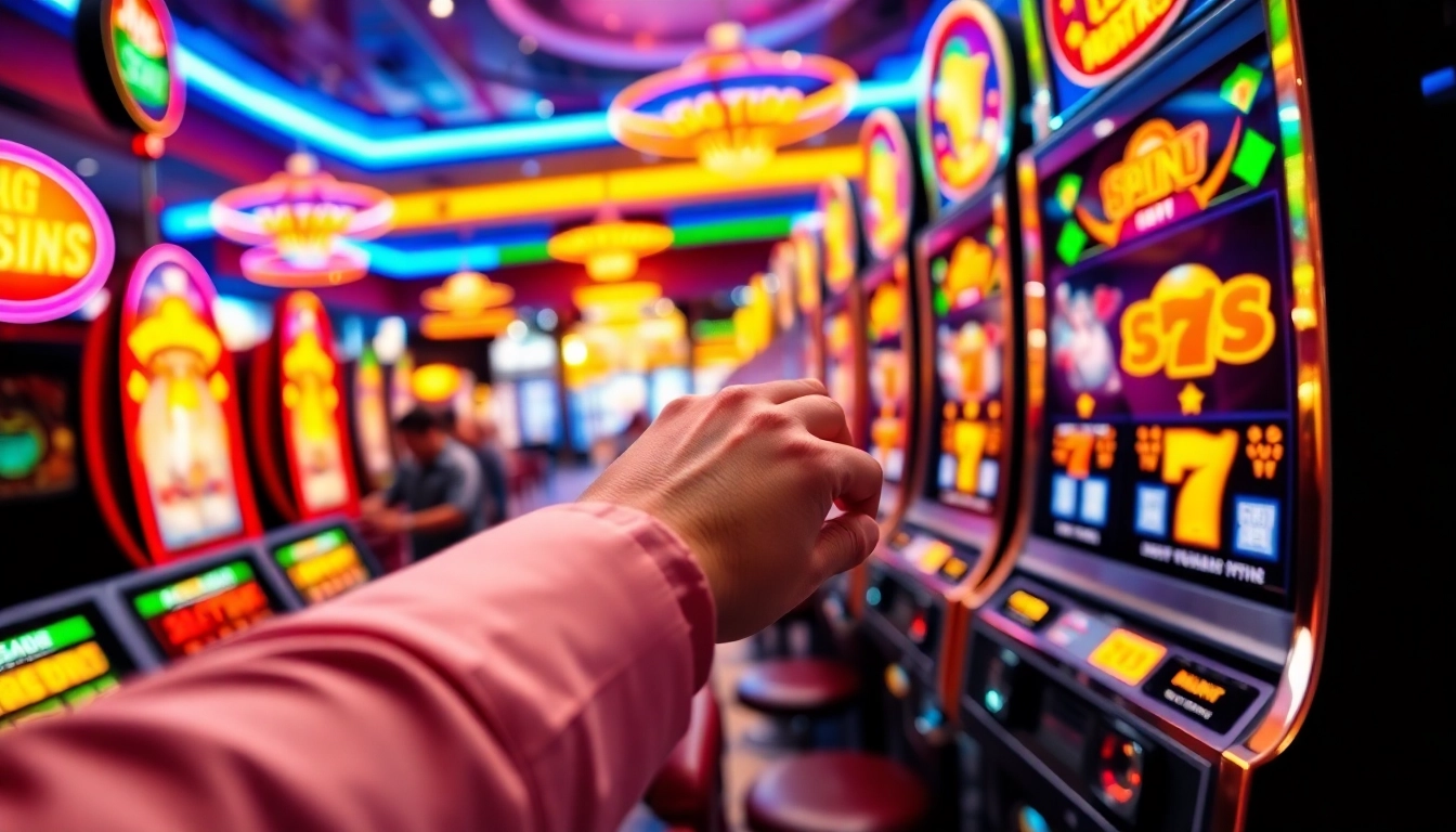 Slot Game yang menarik dengan mesin berwarna cerah dan suasana kasino yang energetik.
