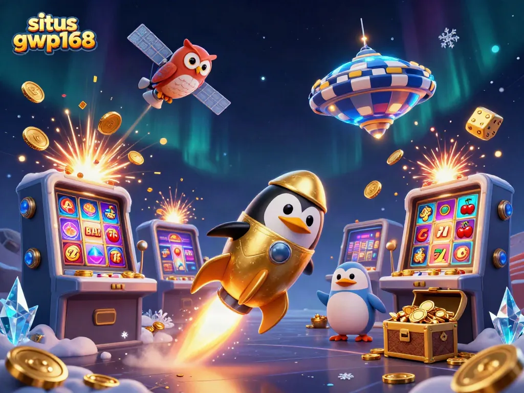 Gambaran situs gwp168 dengan penguin emas di luar angkasa, slot jackpot dan efek kembang api.