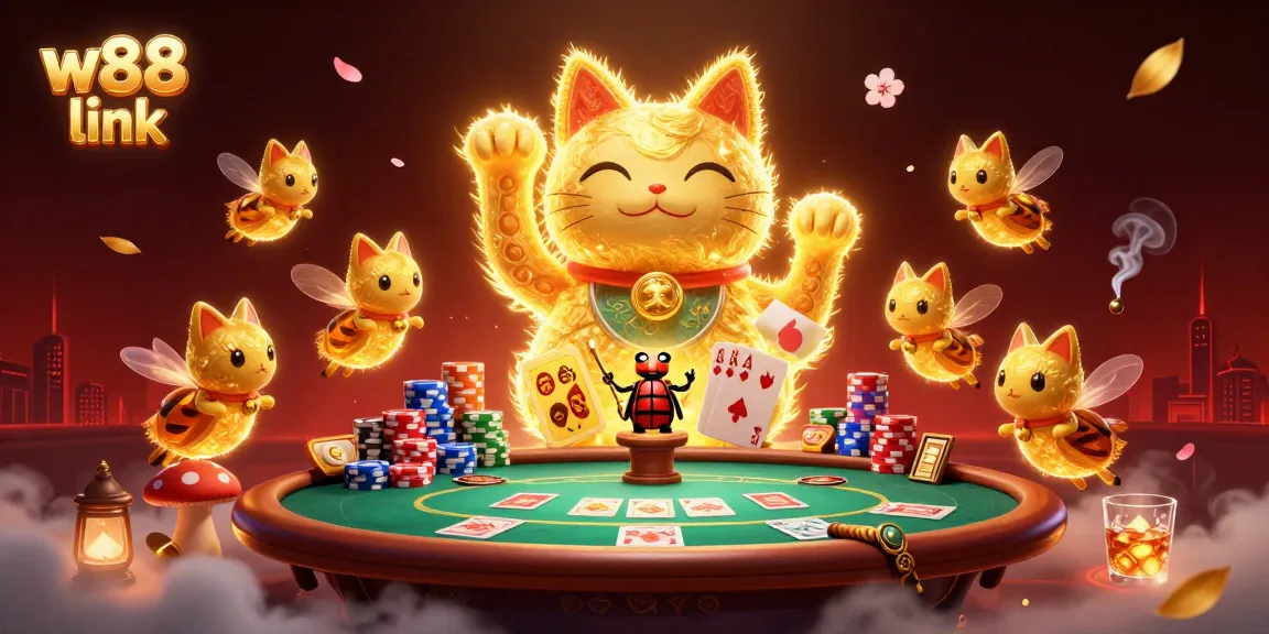 Engage with the exciting w88 link through a dynamic 3D illustration showcasing casino symbols and vibrant elements.
