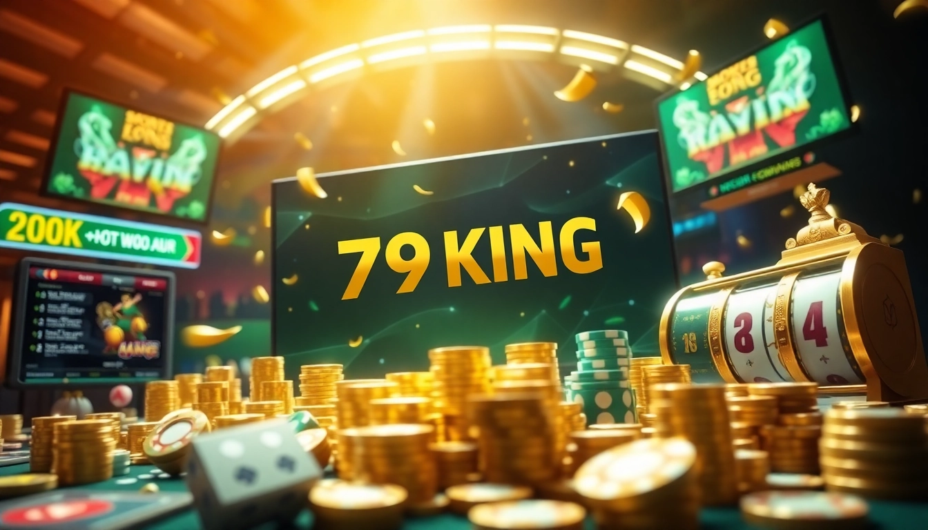 A vibrant illustration of the 79KING online gambling platform showcasing sports betting and casino games.