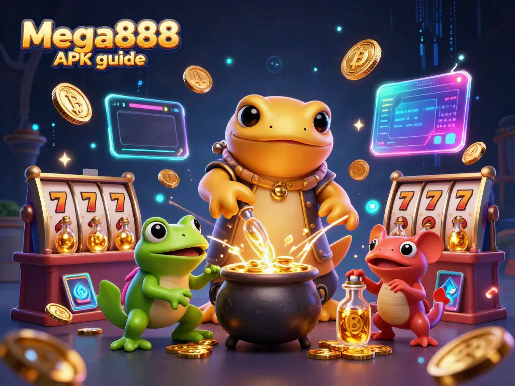 Immerse in the Mega888 APK guide with a vibrant scene of alchemical transformation and casino symbols.