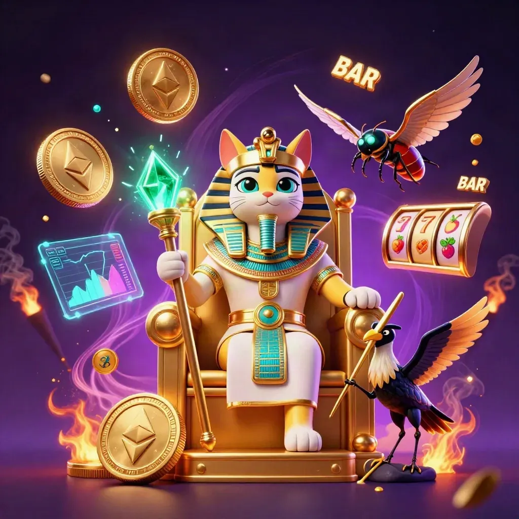 Pharaoh cat, ibis scribe, and gem-winged scarabs amid emerald casino magic and crypto glow.