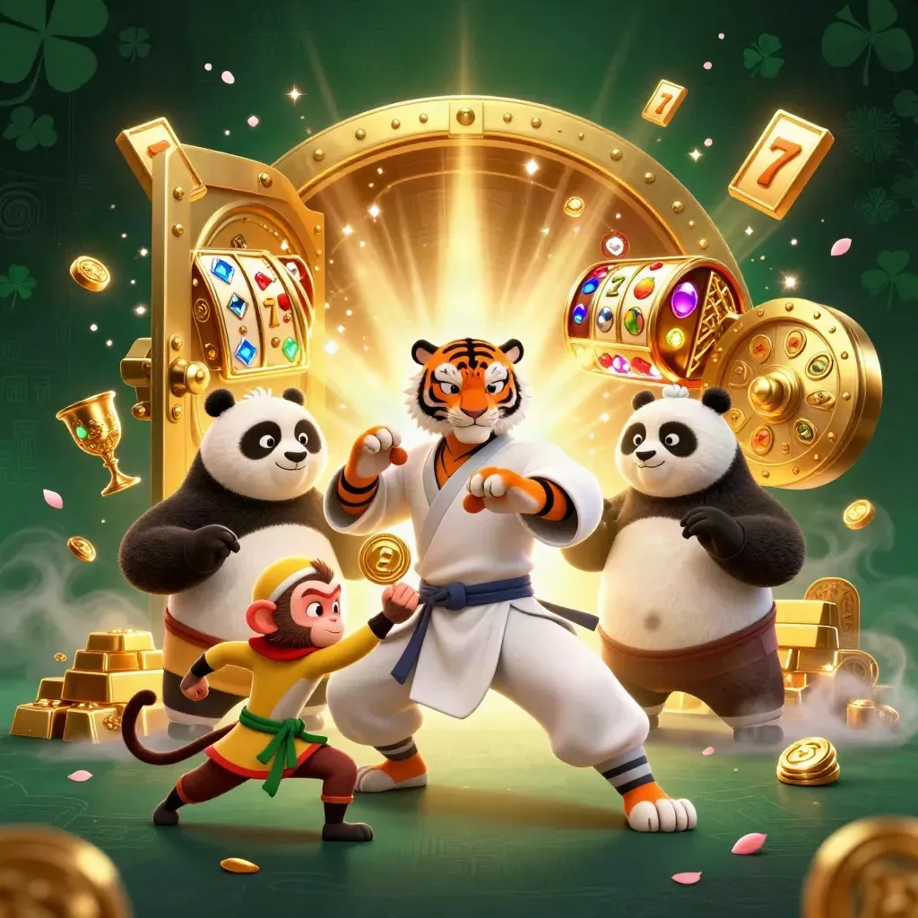 Tiger master, panda disciple, and monkey thief amid vault riches and emerald casino magic.